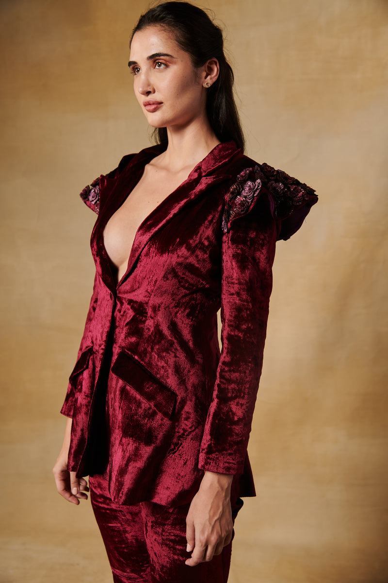 Deep maroon velvet cocktail pantsuit