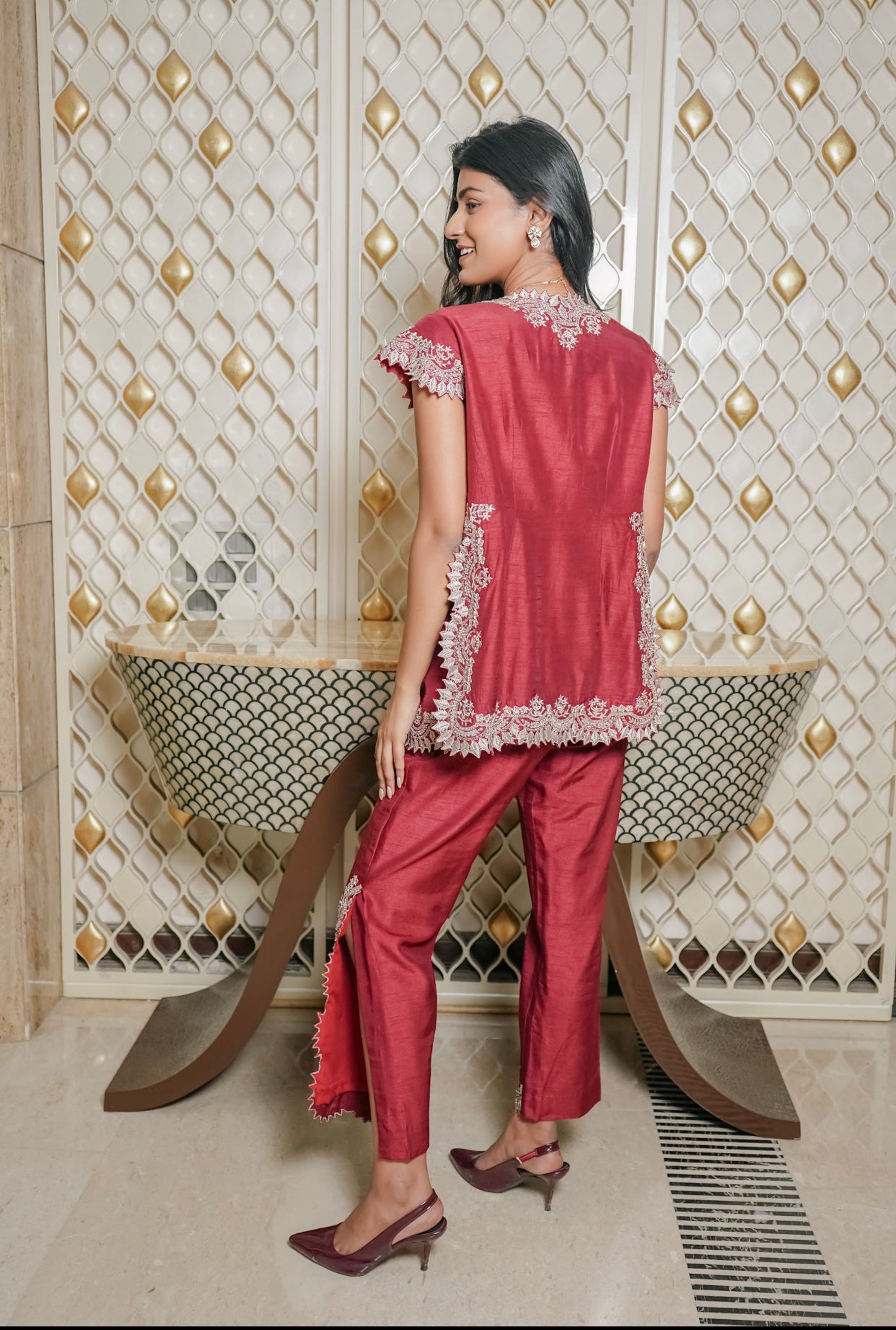 Deep red silk embroidered jacket set