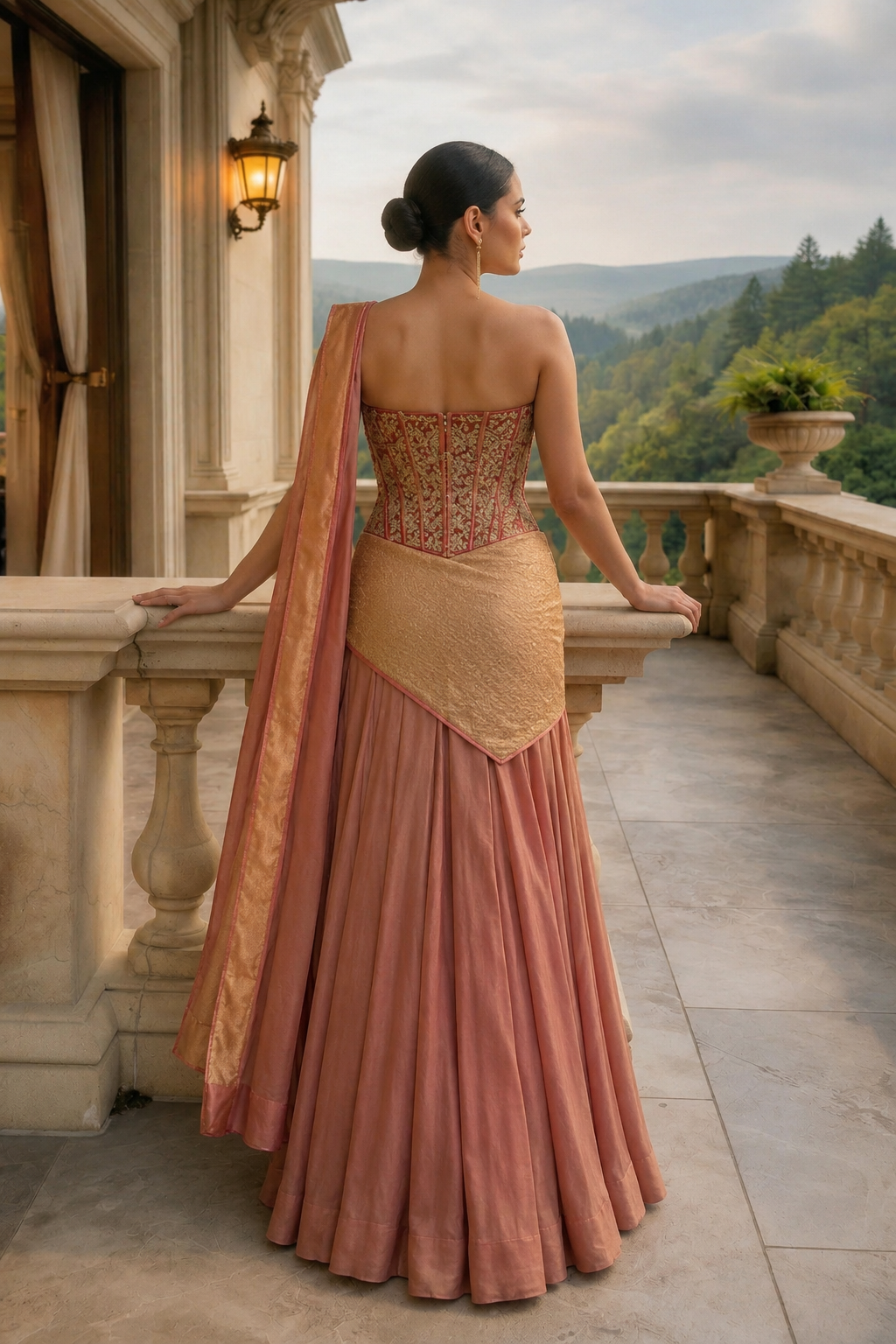 RUST TISSUE CORSET SAREE SET