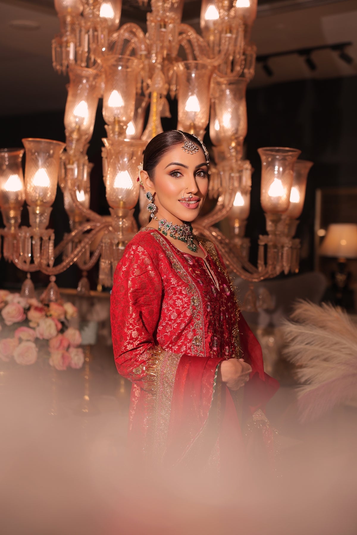 Red long suit set.