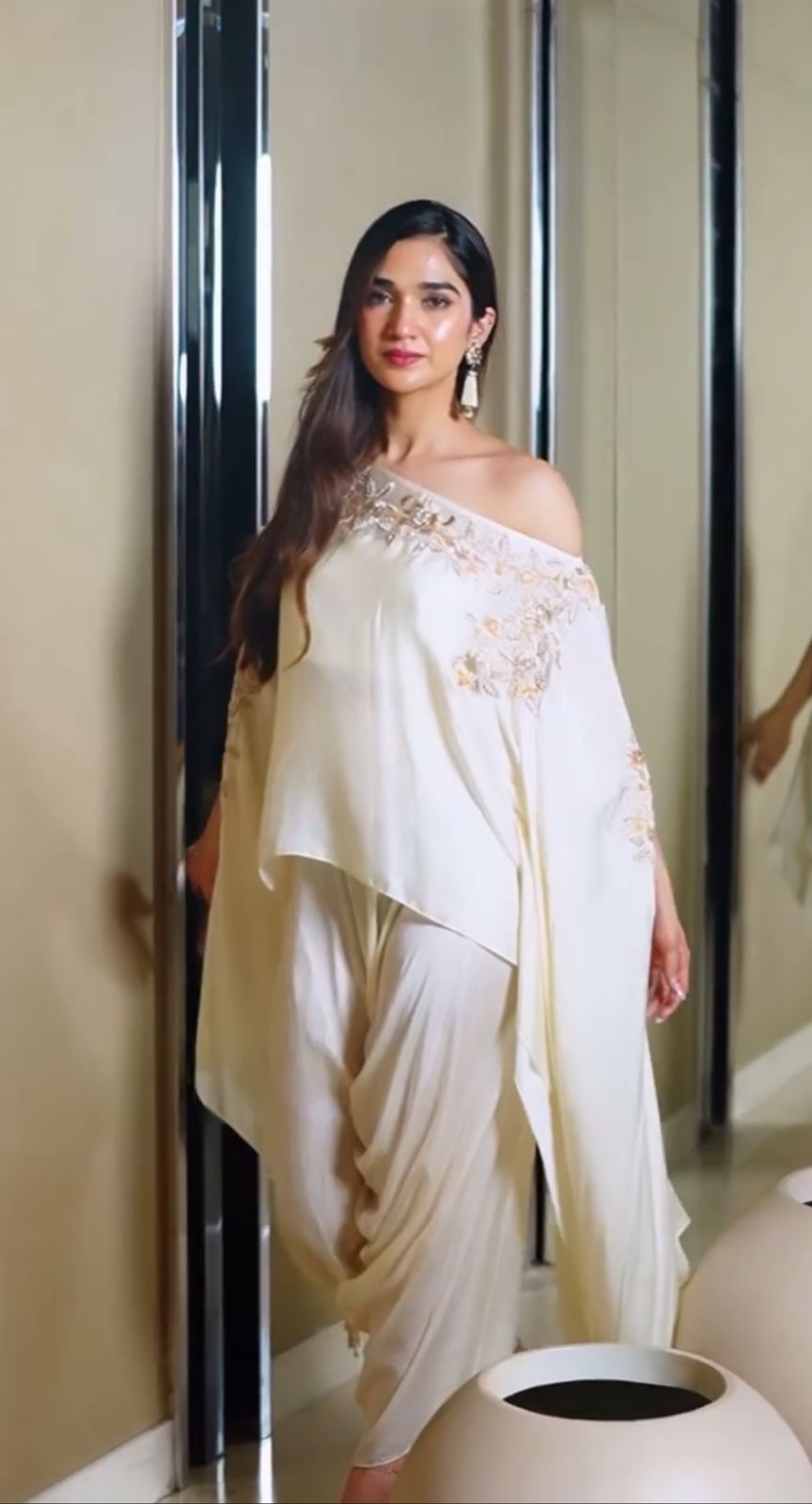 Cream white co-ord with draped pants