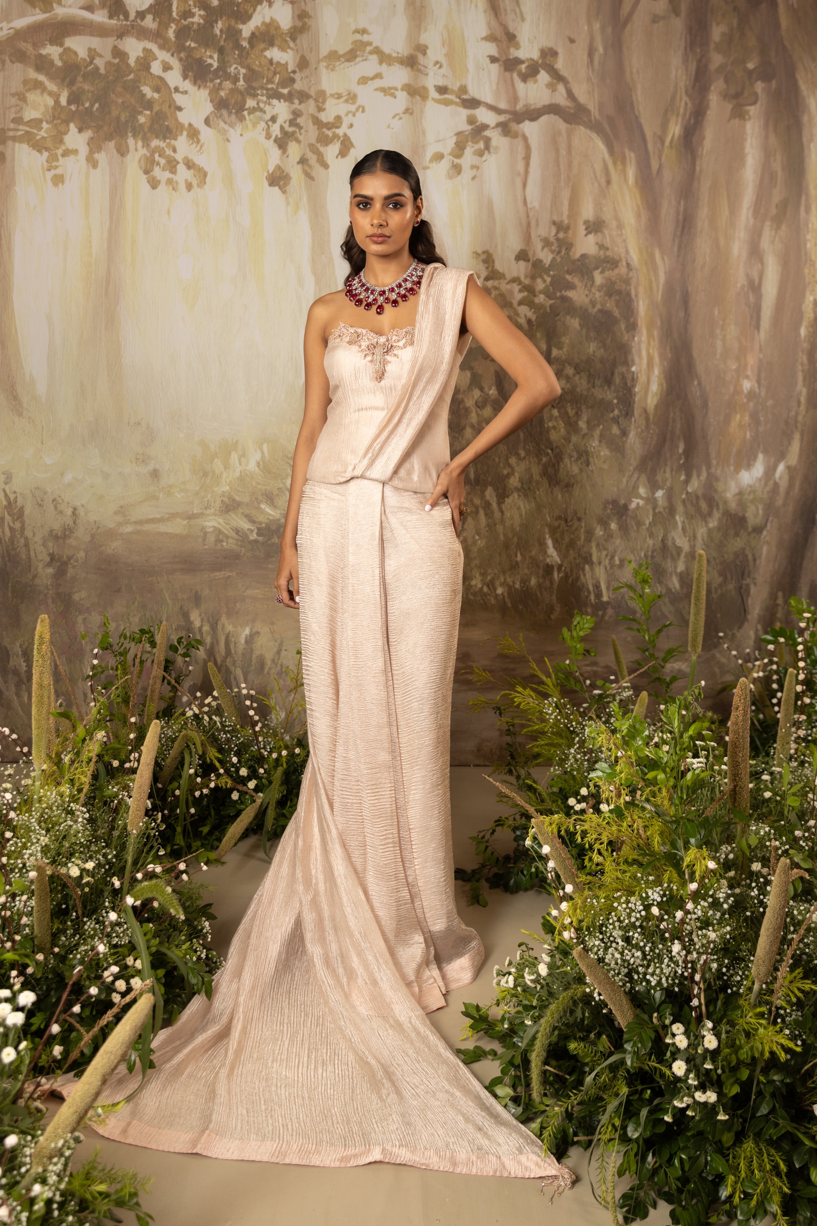 BLUSH BEIGE CORSET DRAPED SAREE SET