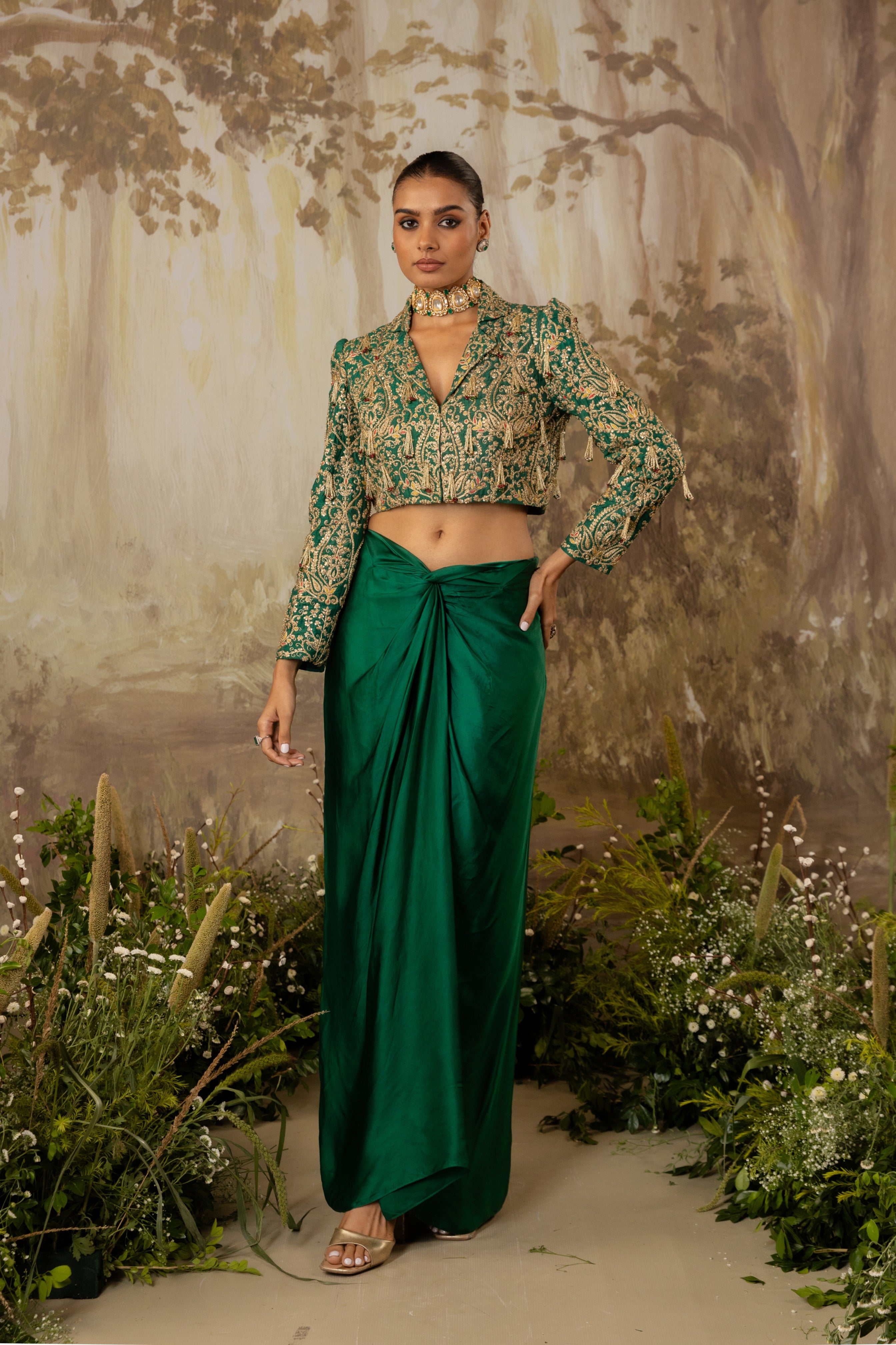 EMERALD GREEN TASSELED CROP JACKET SET