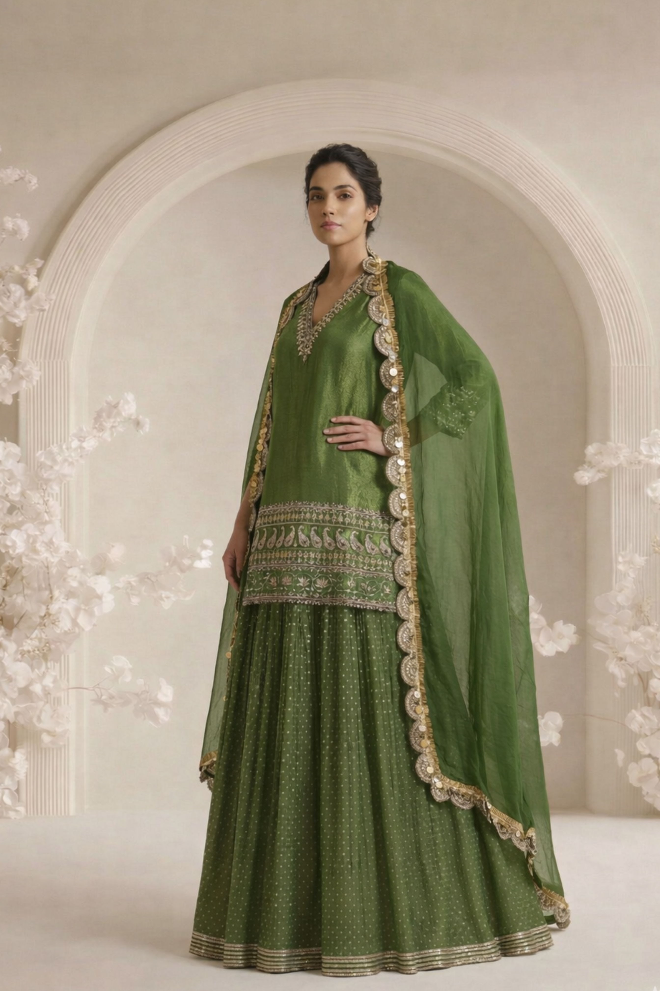 MOSS GREEN TISSUE SHARARA SUIT