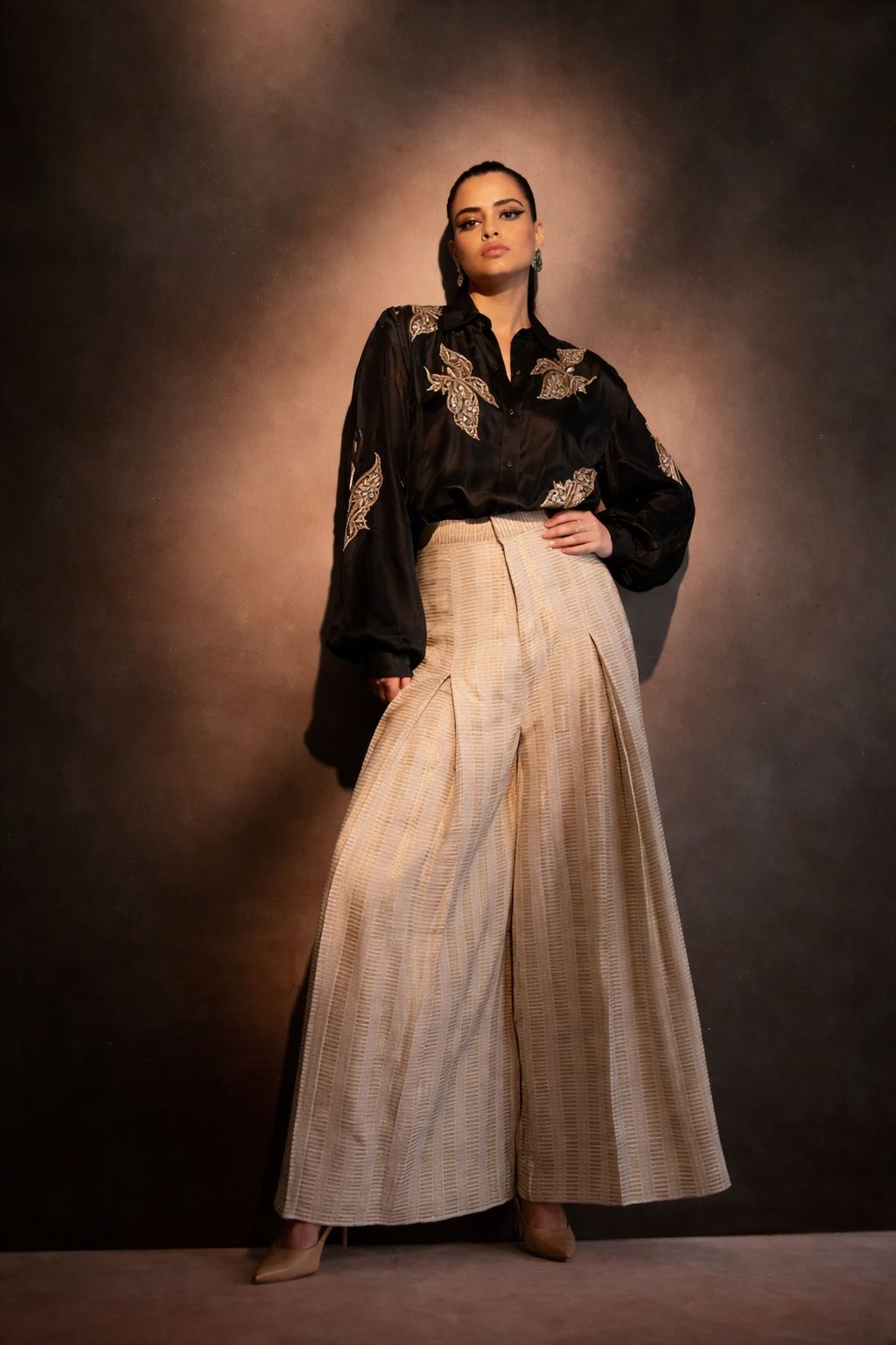 Black silk floral shirt coord set