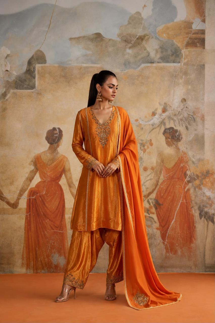 Burnt rust tissue peplum kurta set