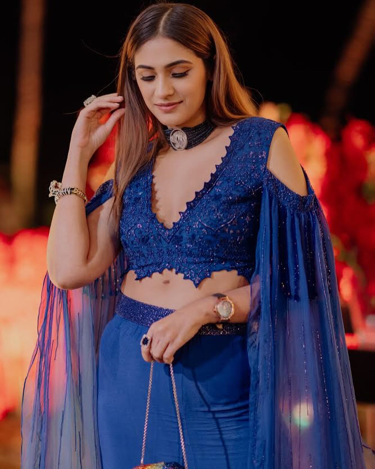 Heena Malhotra in Our Electric blue beaded blouse with slit skirt & ruffle stole