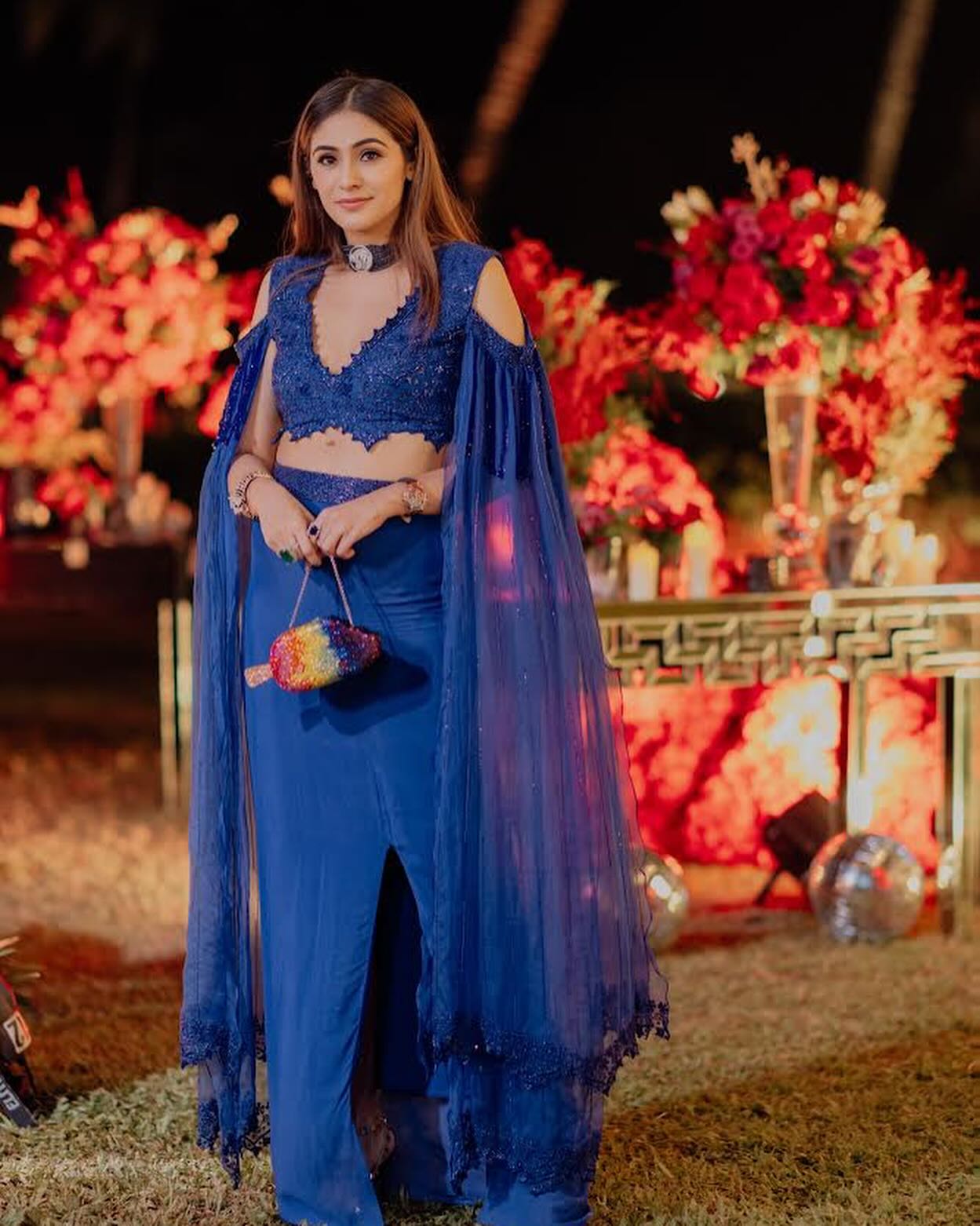 Heena Malhotra in Our Electric blue beaded blouse with slit skirt & ruffle stole