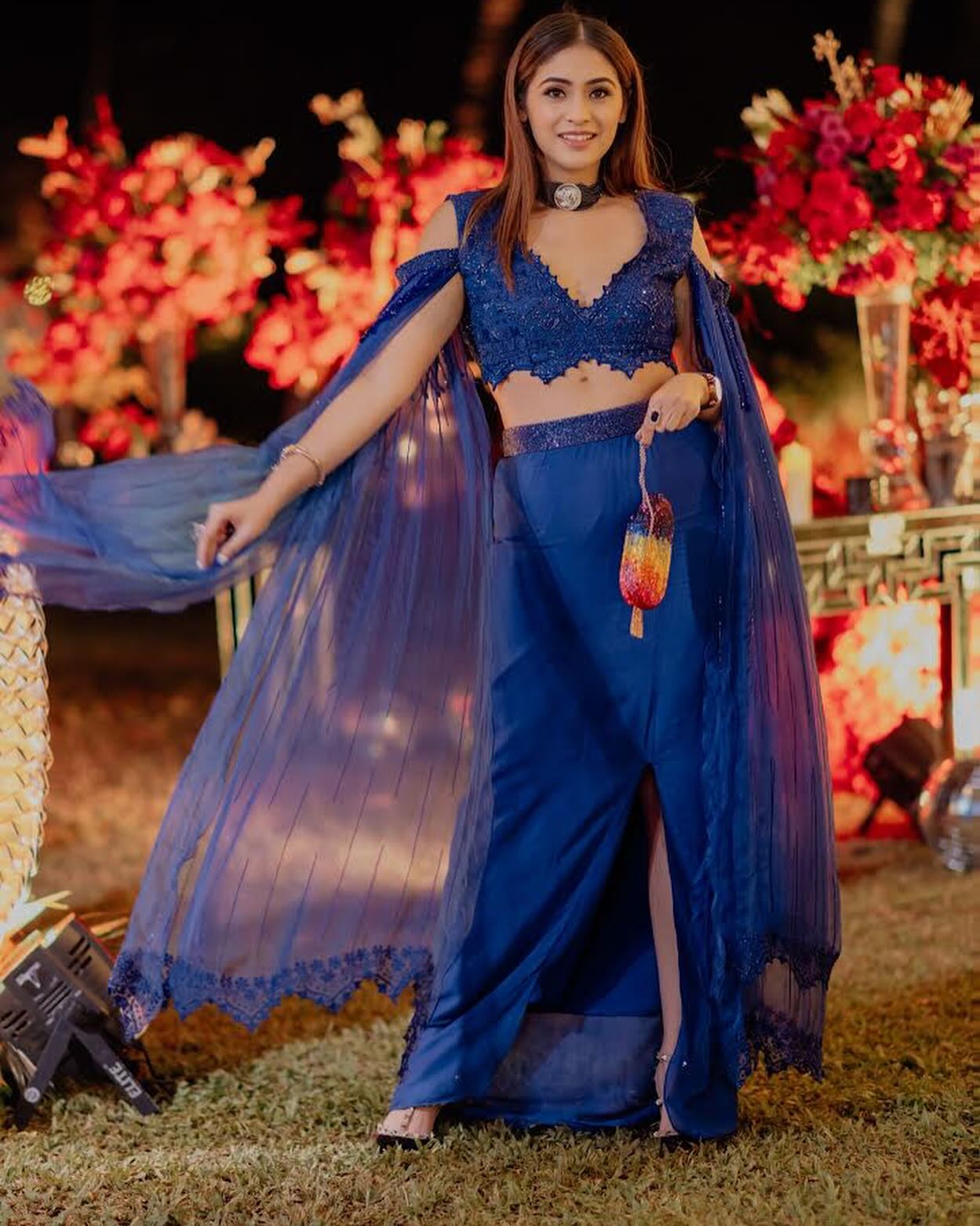 Heena Malhotra in Our Electric blue beaded blouse with slit skirt & ruffle stole