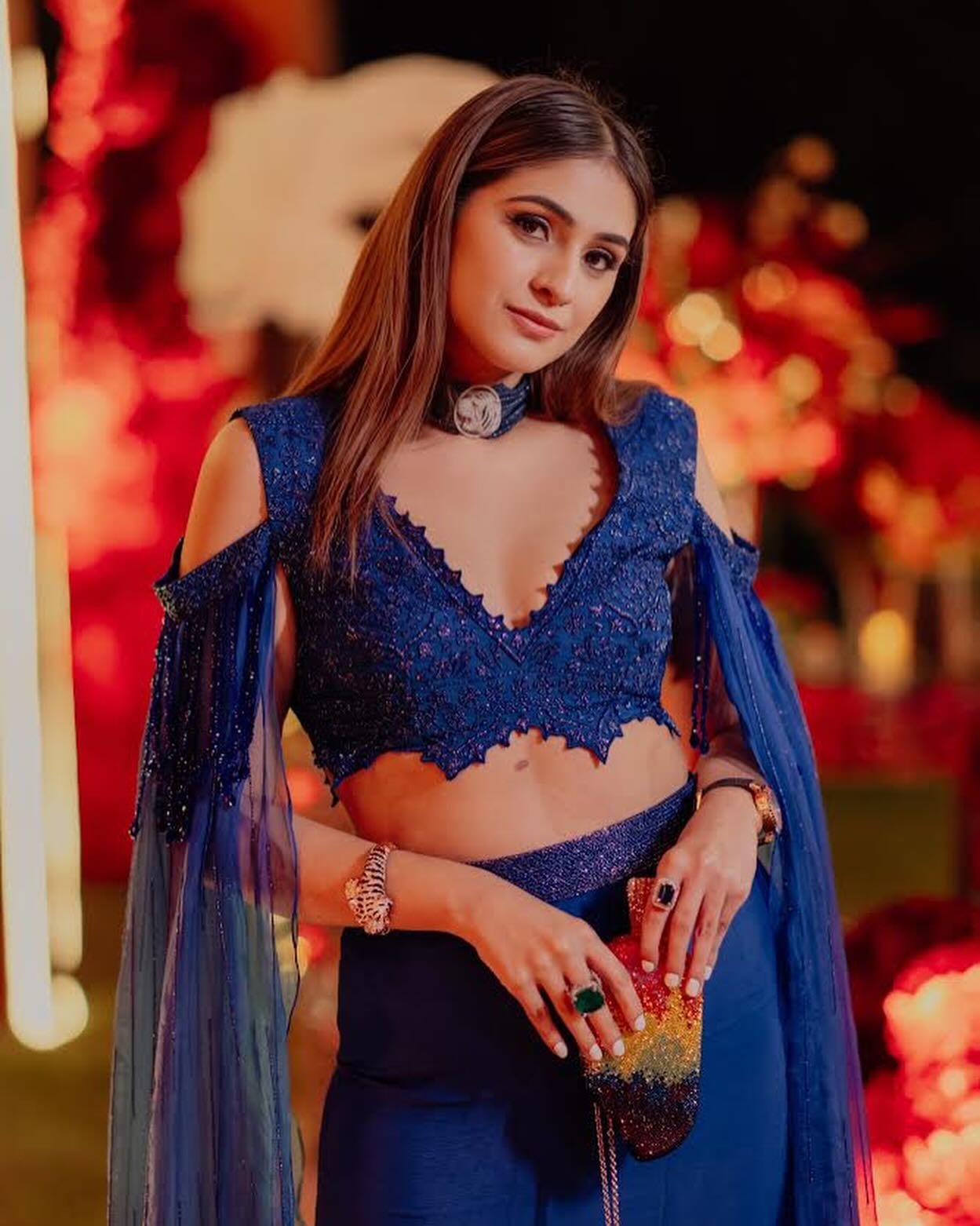 Heena Malhotra in Our Electric blue beaded blouse with slit skirt & ruffle stole