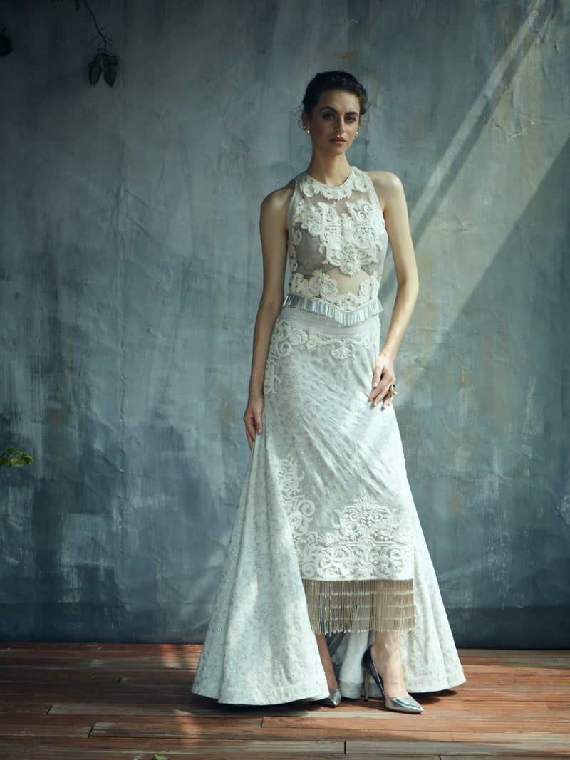 English grey heavy embroidery evening gown