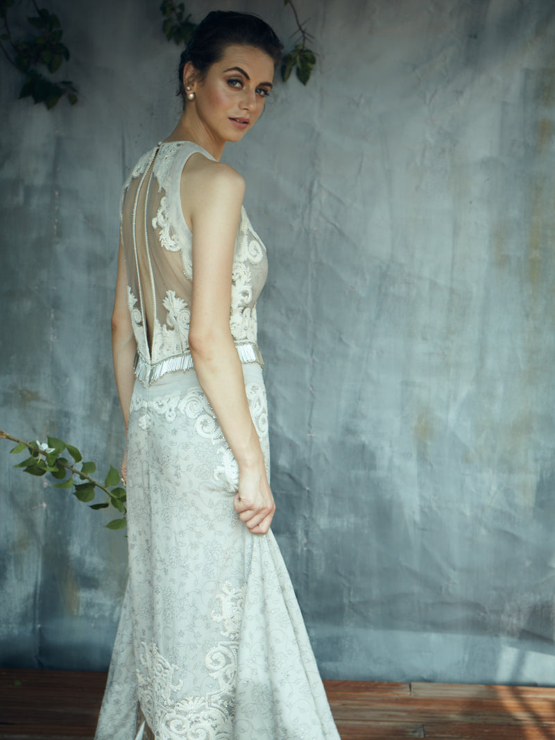 English grey heavy embroidery evening gown