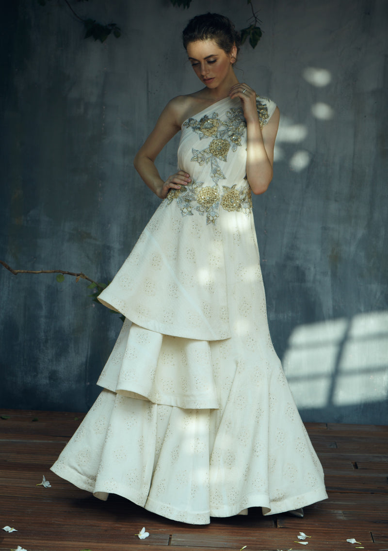 Off white one shoulder layered gown
