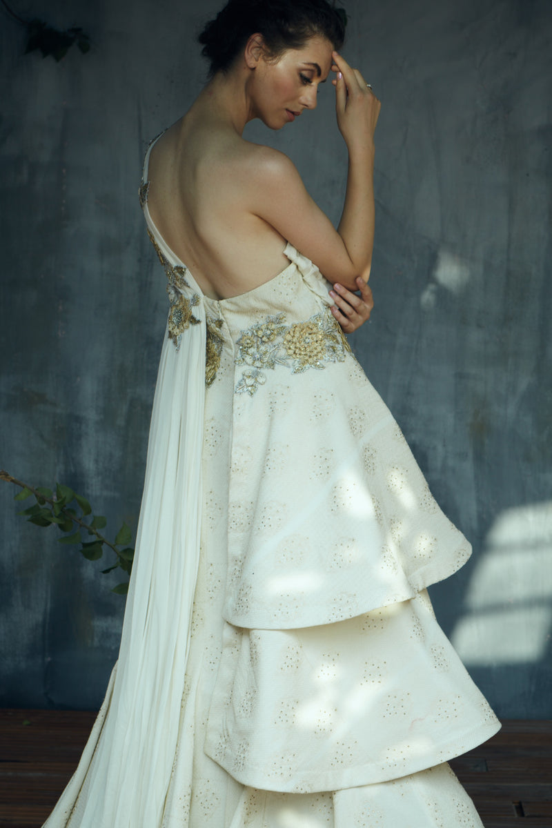 Off white one shoulder layered gown