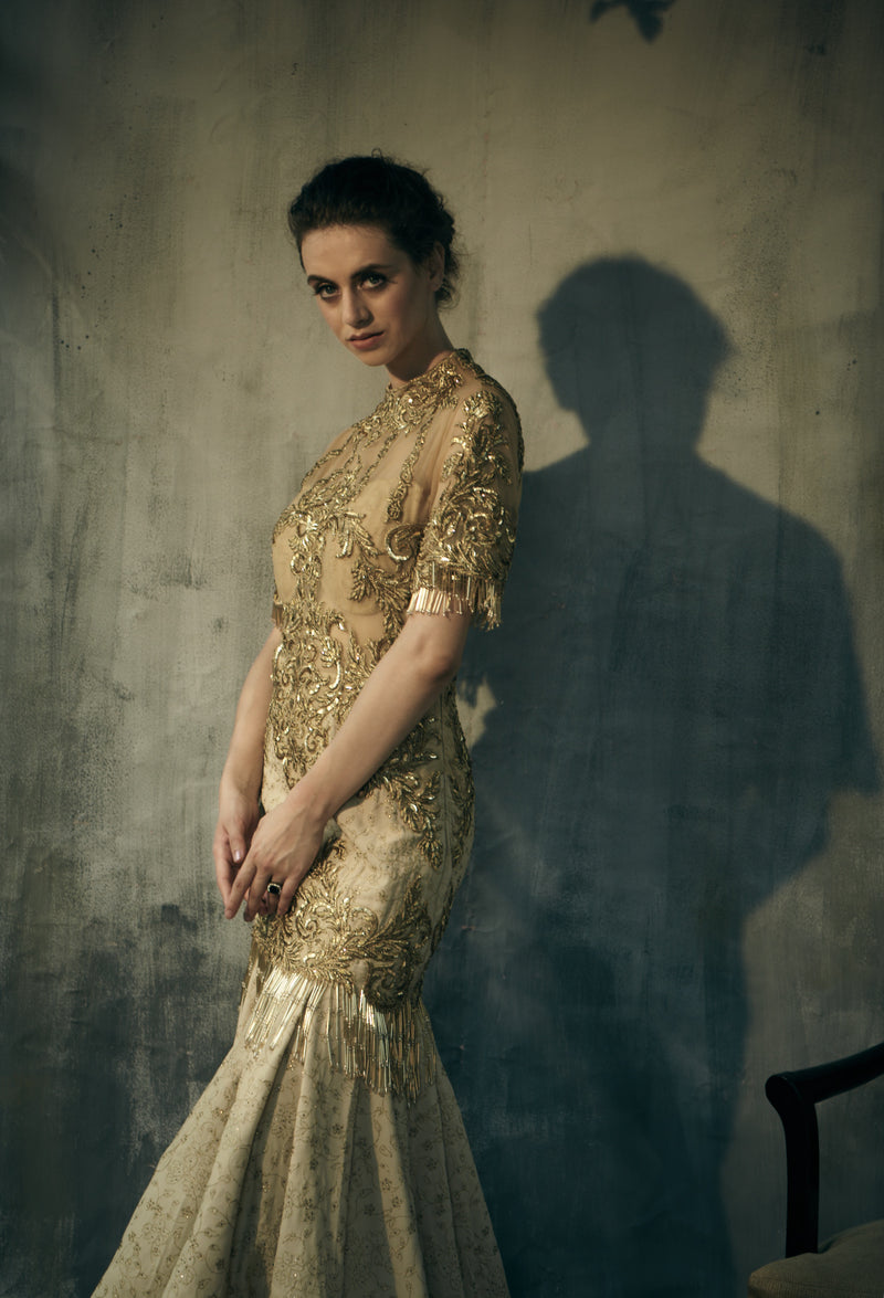 Gold heavy zari embroidery vintage gown