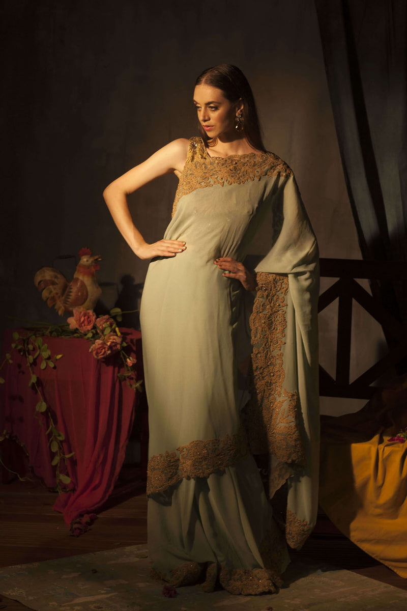 Pista green saree with dori embroidery border