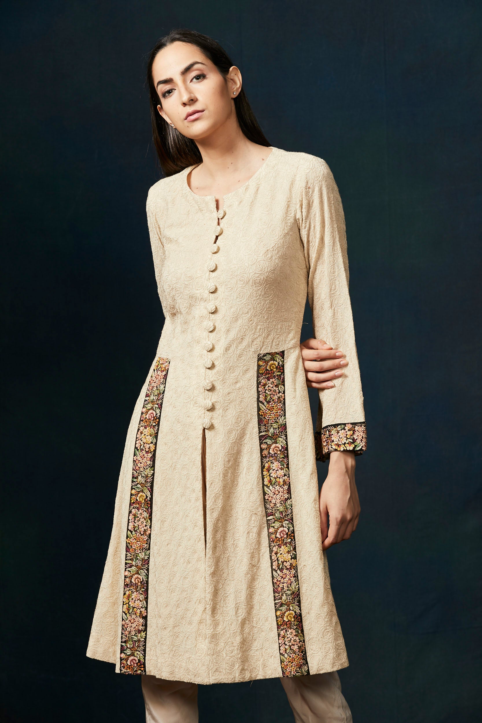 Soft beige kurta with embroidery border