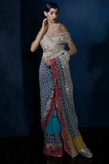 Digital print saree with embroidery and leather work