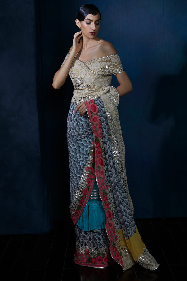 Digital print saree with embroidery and leather work
