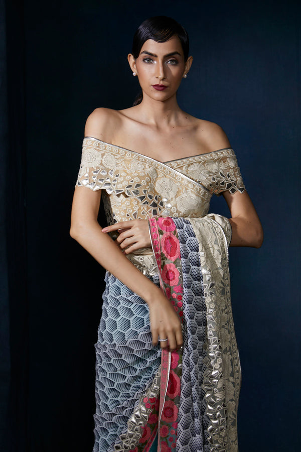 Digital print saree with embroidery and leather work