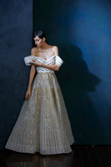 Ivory and gold off shoulder evening gown