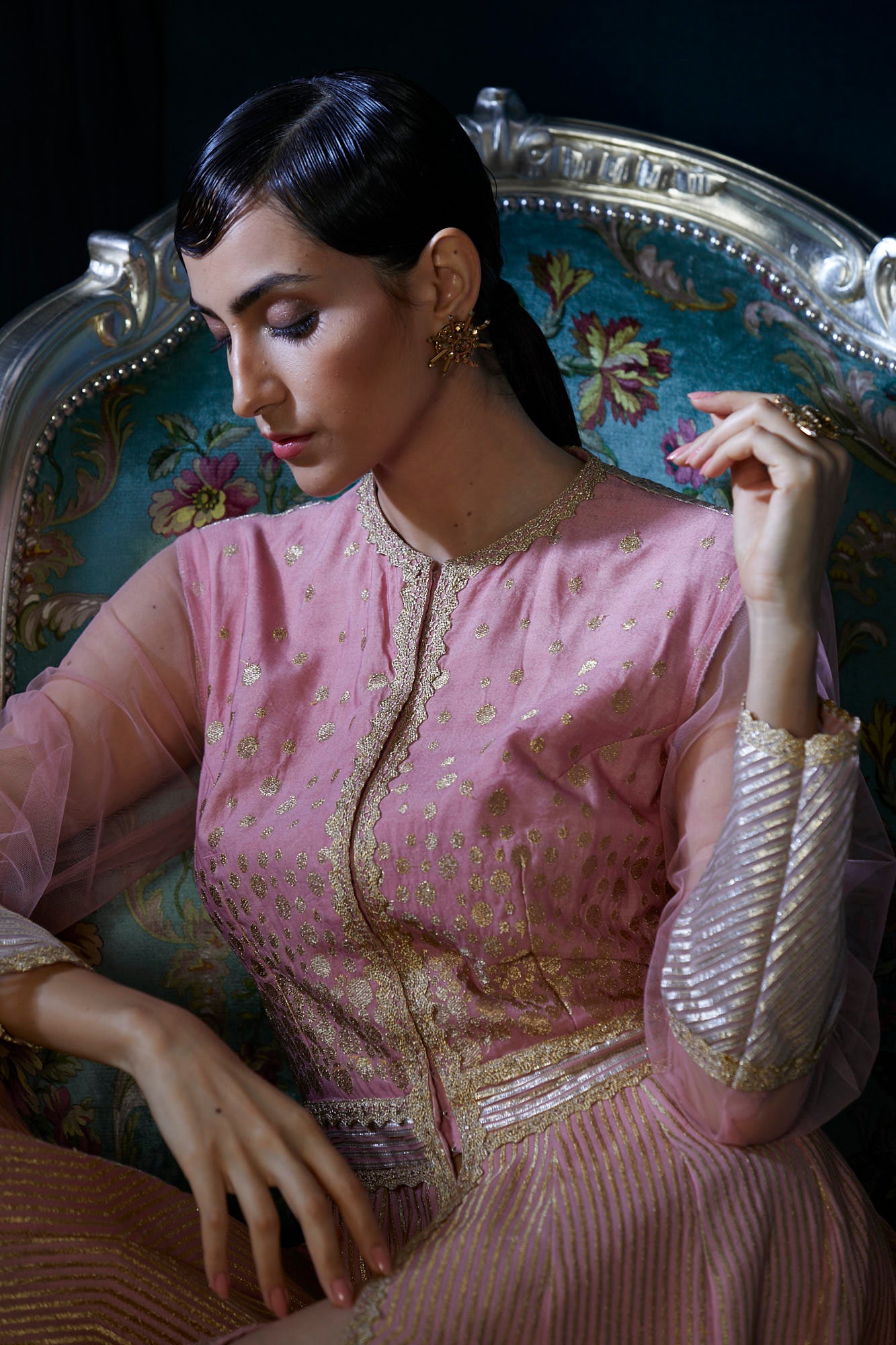 Peach heavy embroidery floor length jacket suit