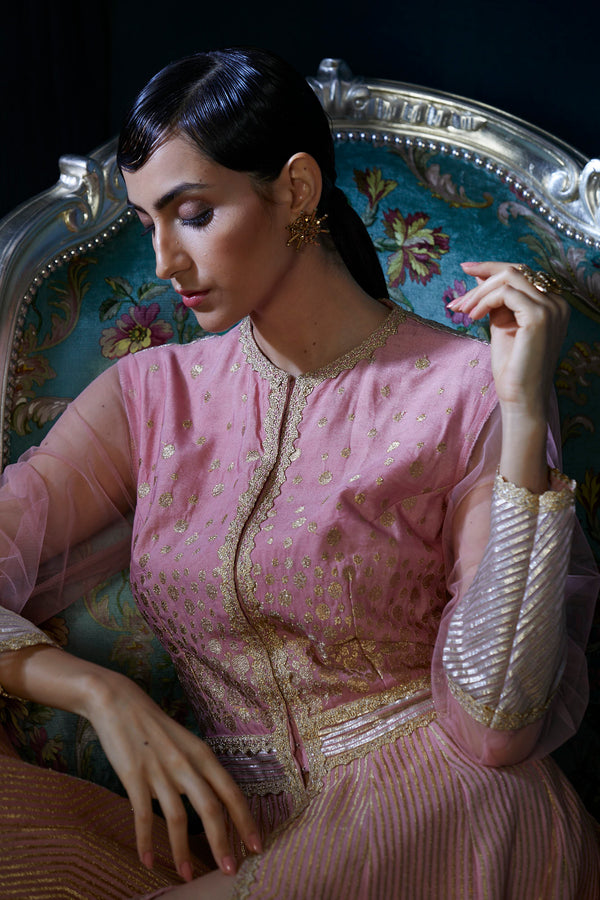 Peach heavy embroidery floor length jacket suit