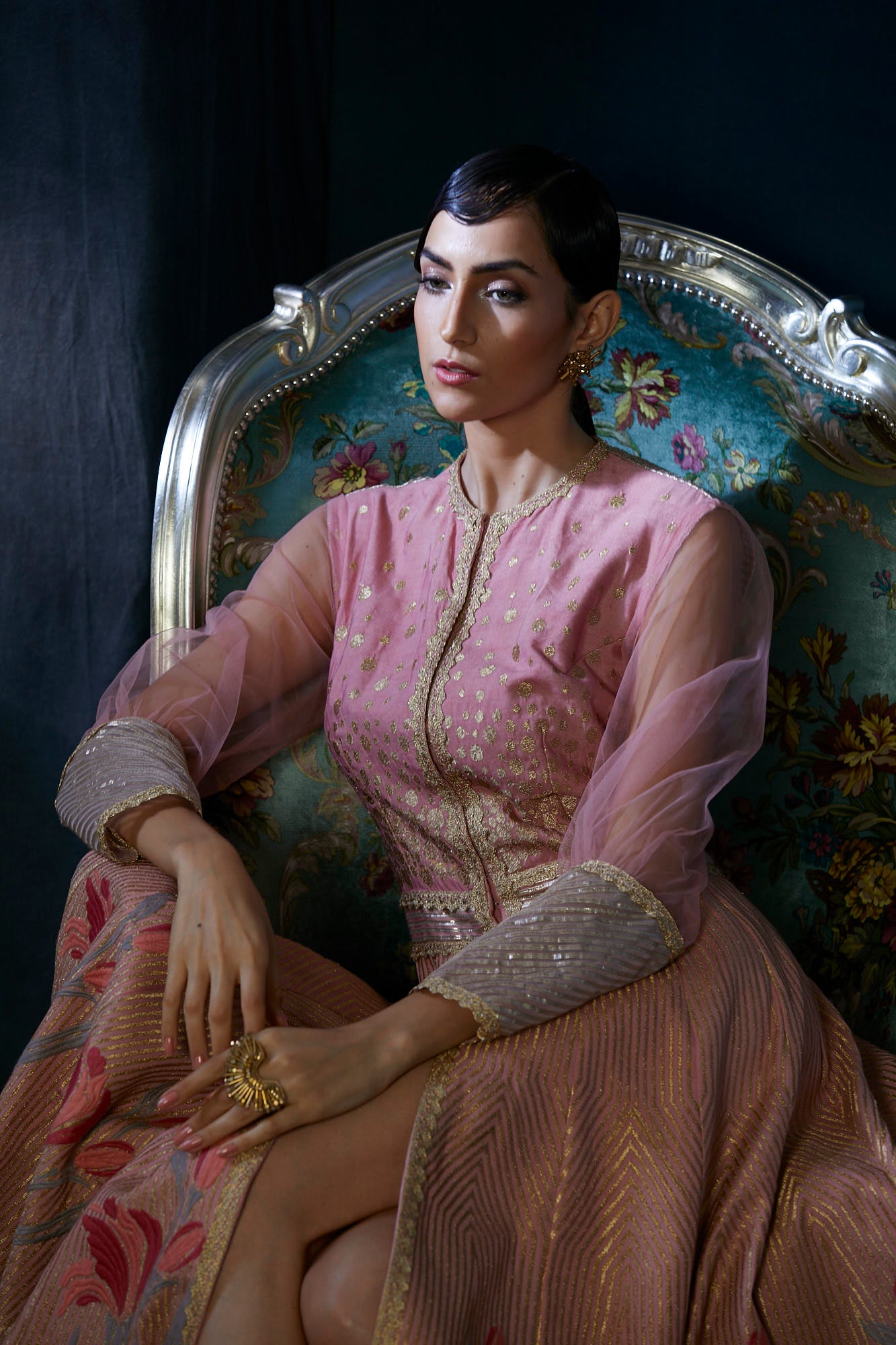 Peach heavy embroidery floor length jacket suit