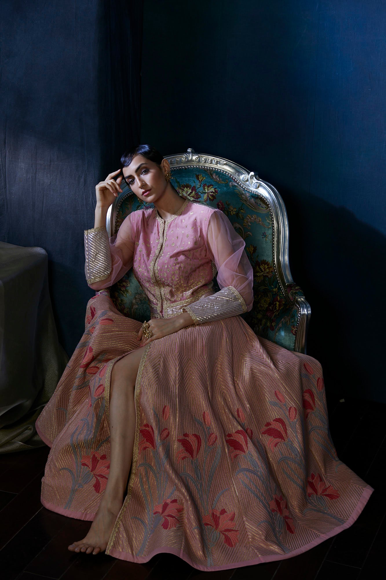 Peach heavy embroidery floor length jacket suit