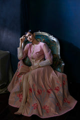 Peach heavy embroidery floor length jacket suit