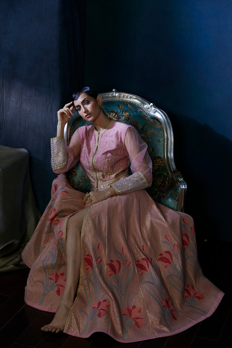Peach heavy embroidery floor length jacket suit