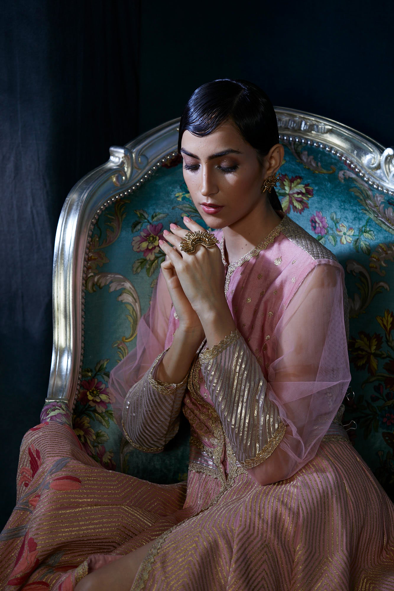 Peach heavy embroidery floor length jacket suit