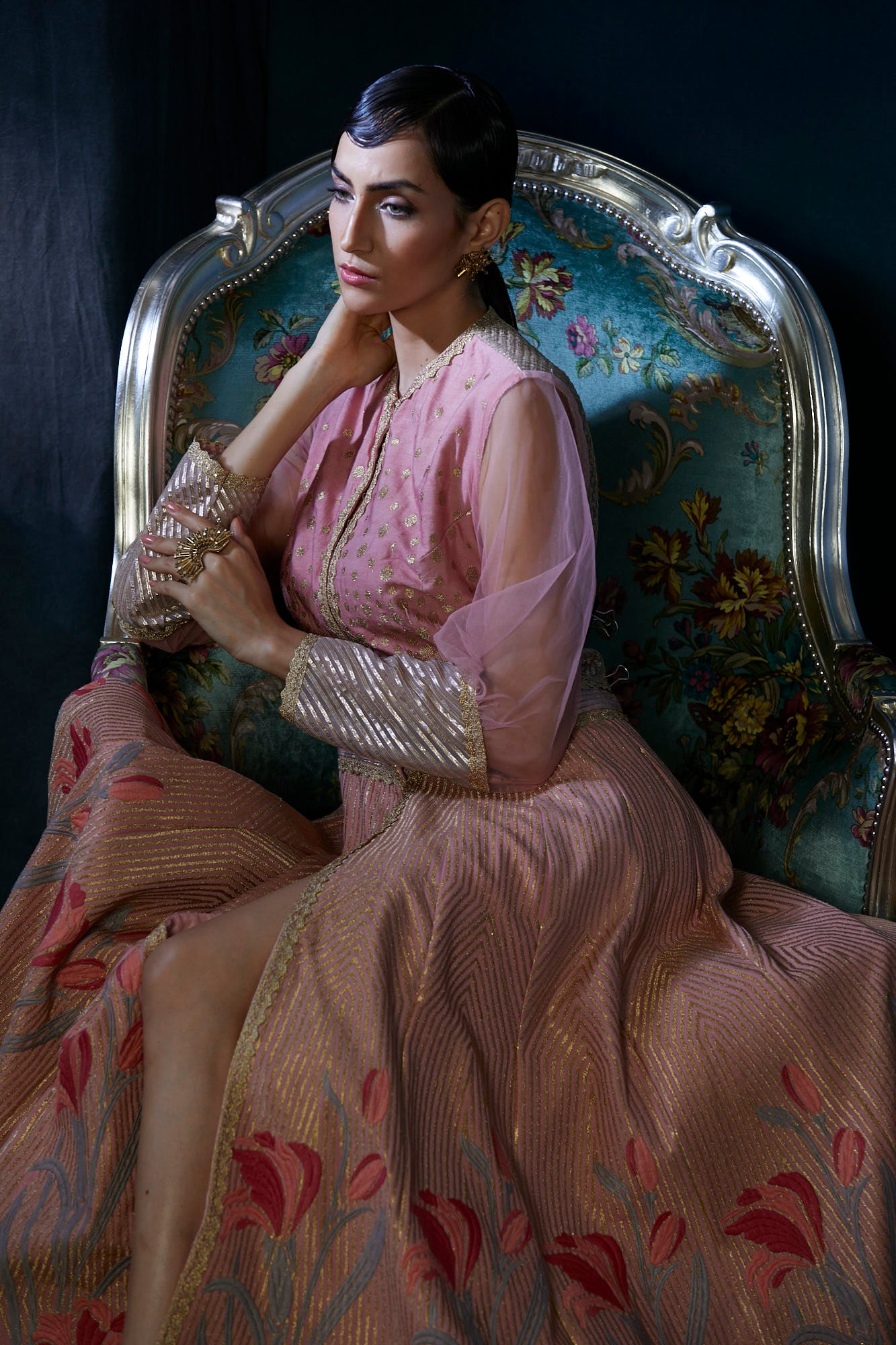 Peach heavy embroidery floor length jacket suit