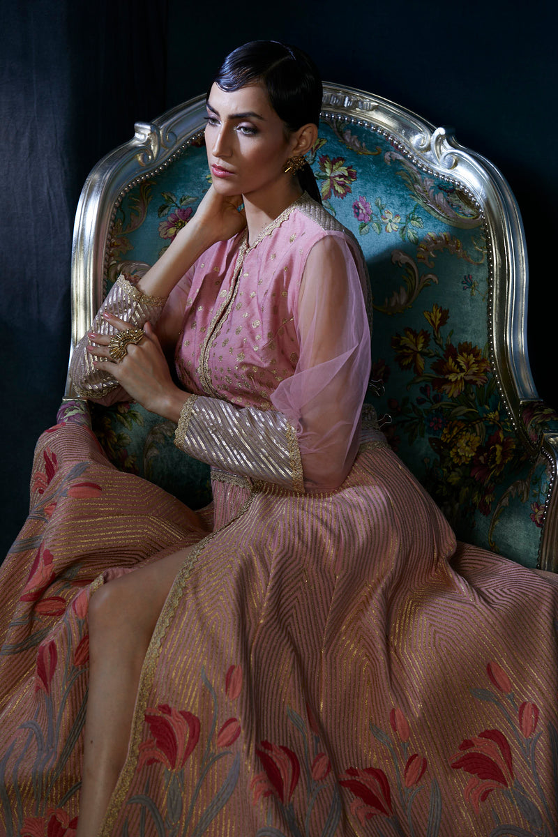 Peach heavy embroidery floor length jacket suit