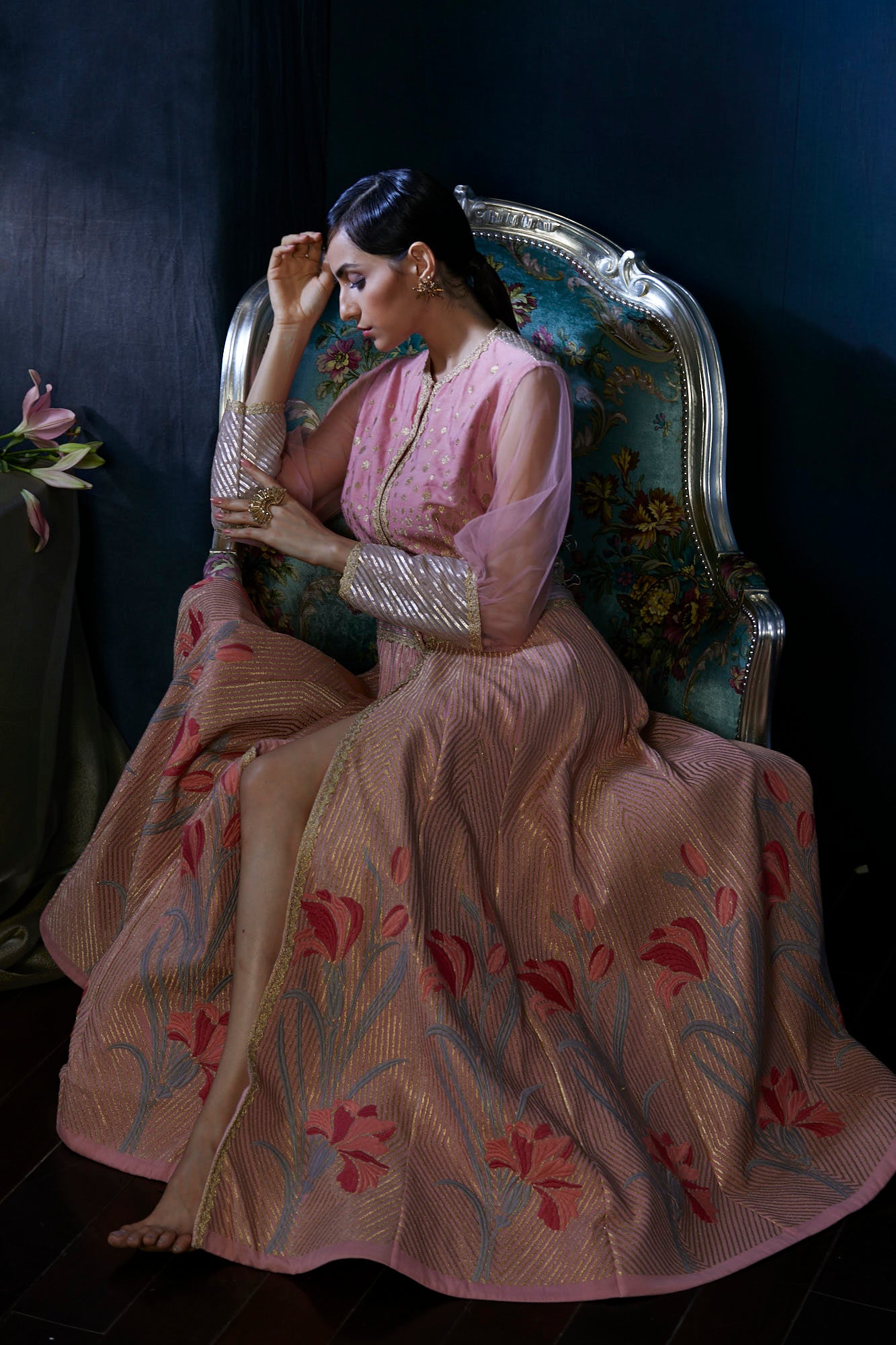 Peach heavy embroidery floor length jacket suit