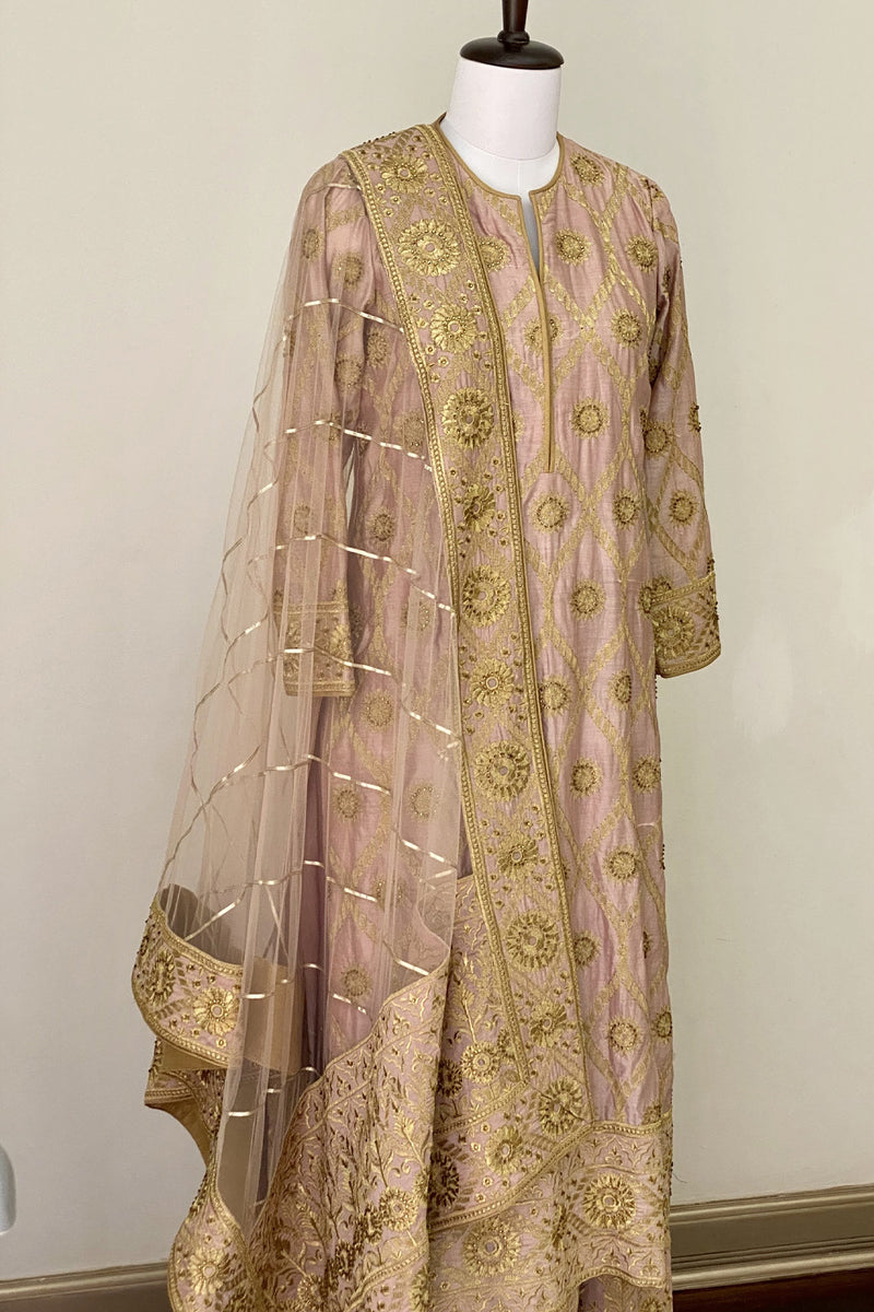 Salmon Pink Jaal Embroided Suit with Sharara and Dupatta
