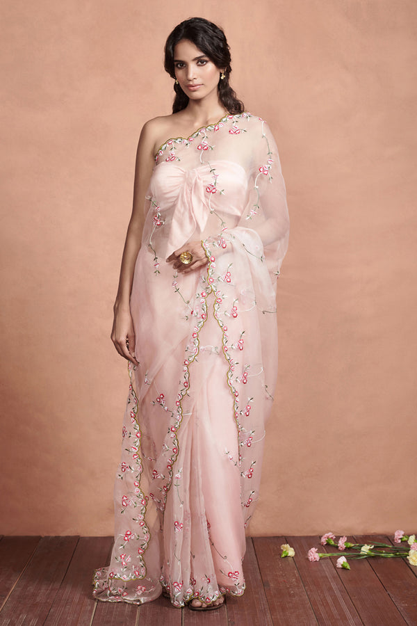 Floral Embroidery Powder Pink Organza Saree