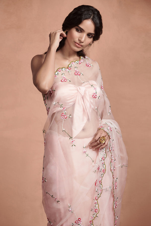 Floral Embroidery Powder Pink Organza Saree