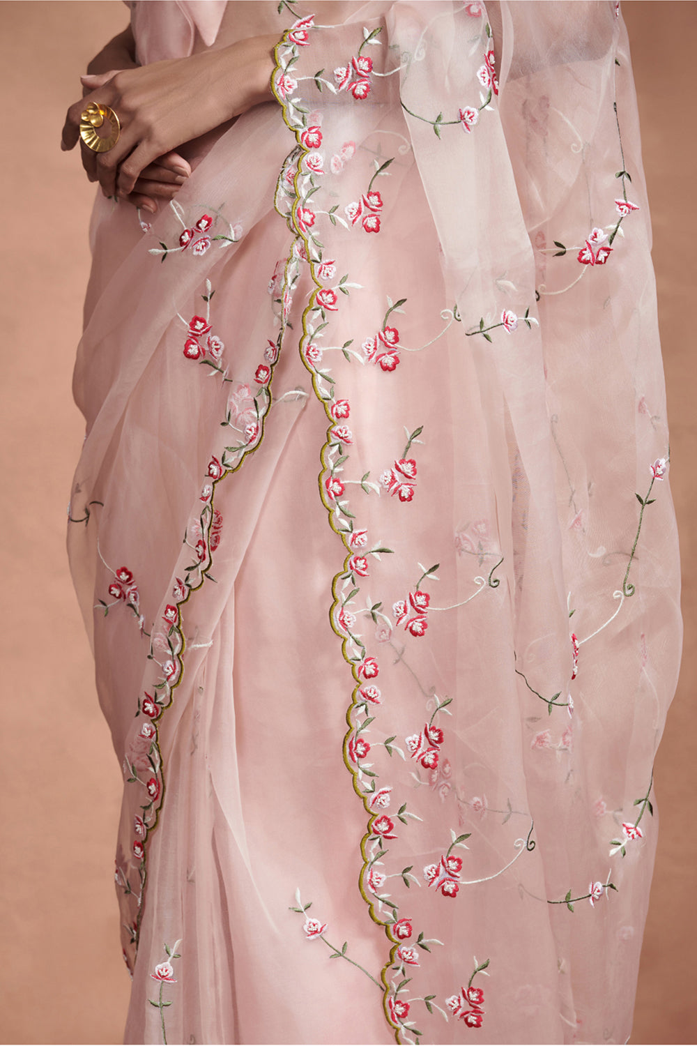 Floral Embroidery Powder Pink Organza Saree