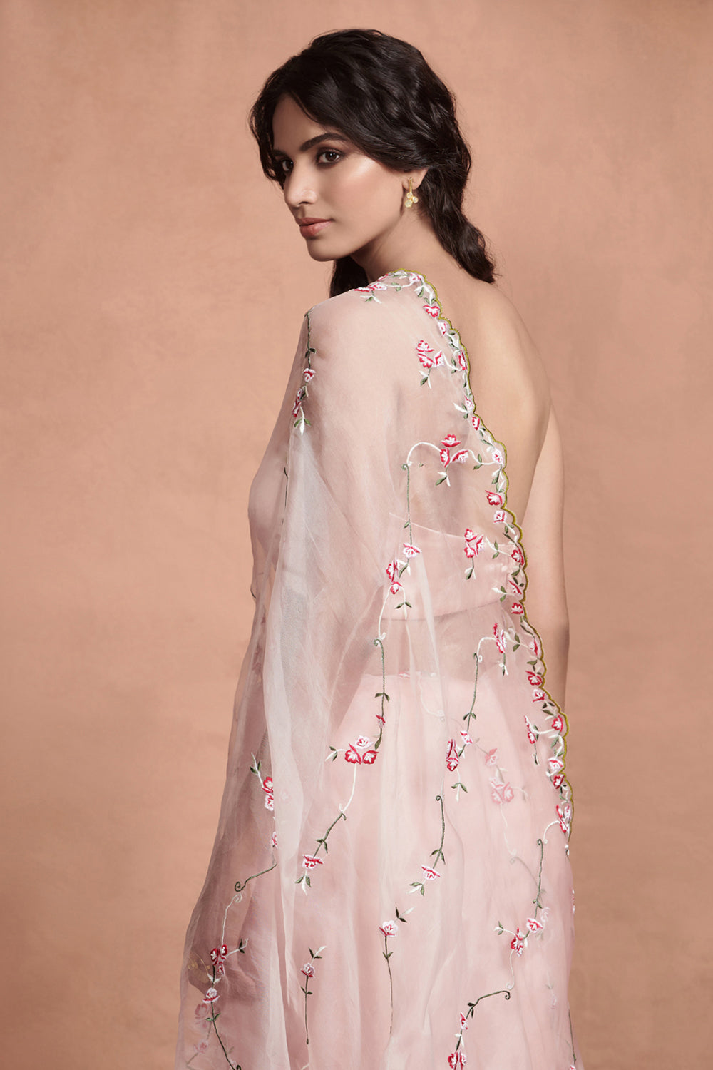 Floral Embroidery Powder Pink Organza Saree