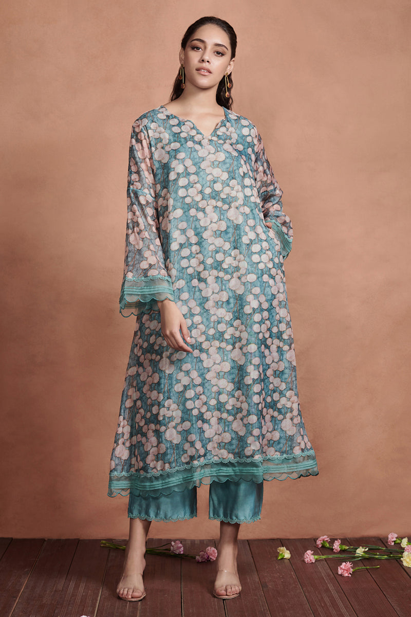 Teal Floral Print A-line Kurta Set