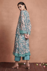 Teal Floral Print A-line Kurta Set