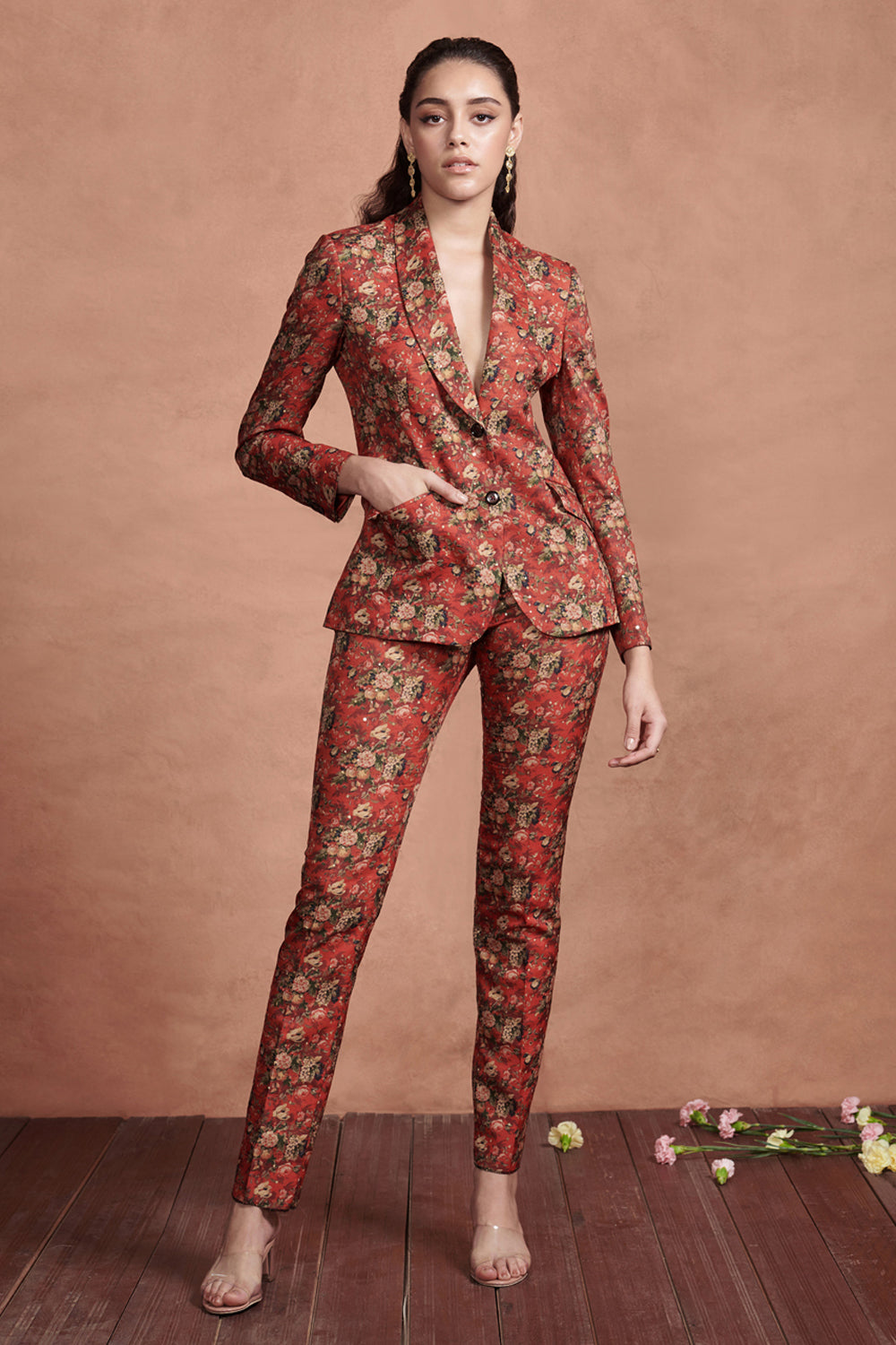 Crimson Red Printed Pant Suit