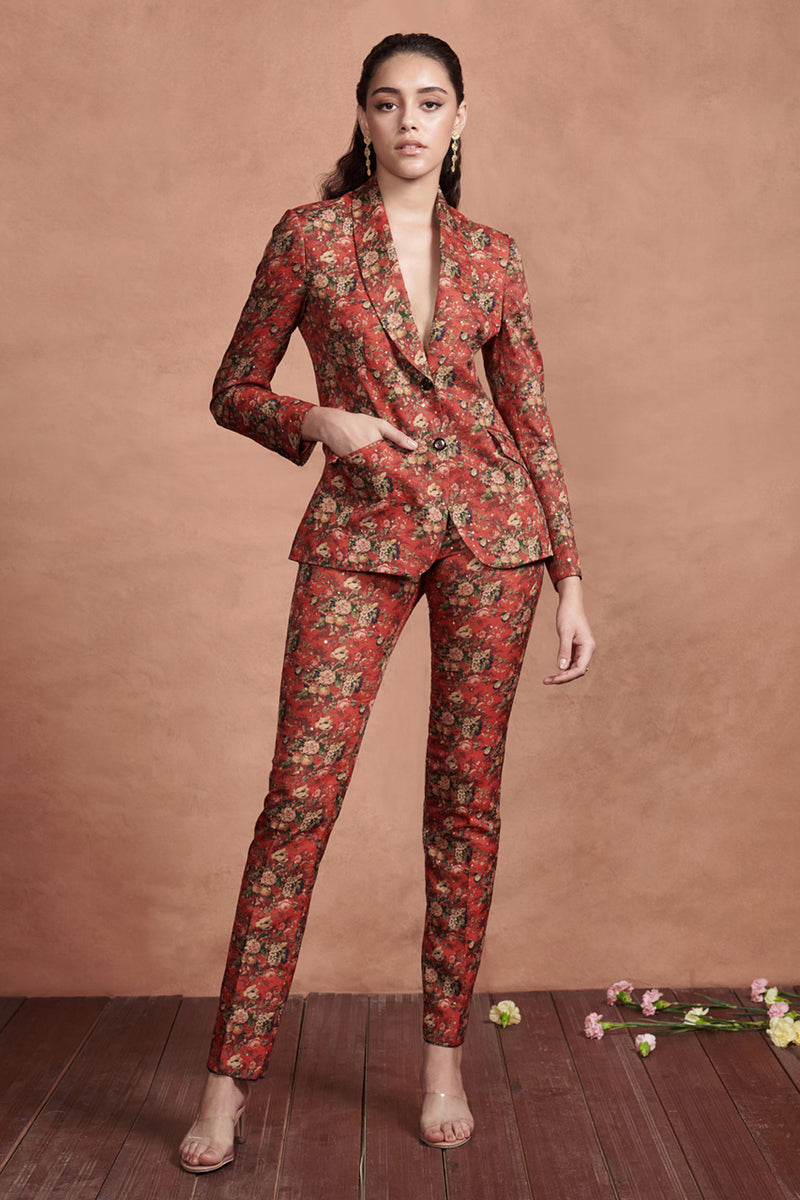Crimson Red Printed Pant Suit