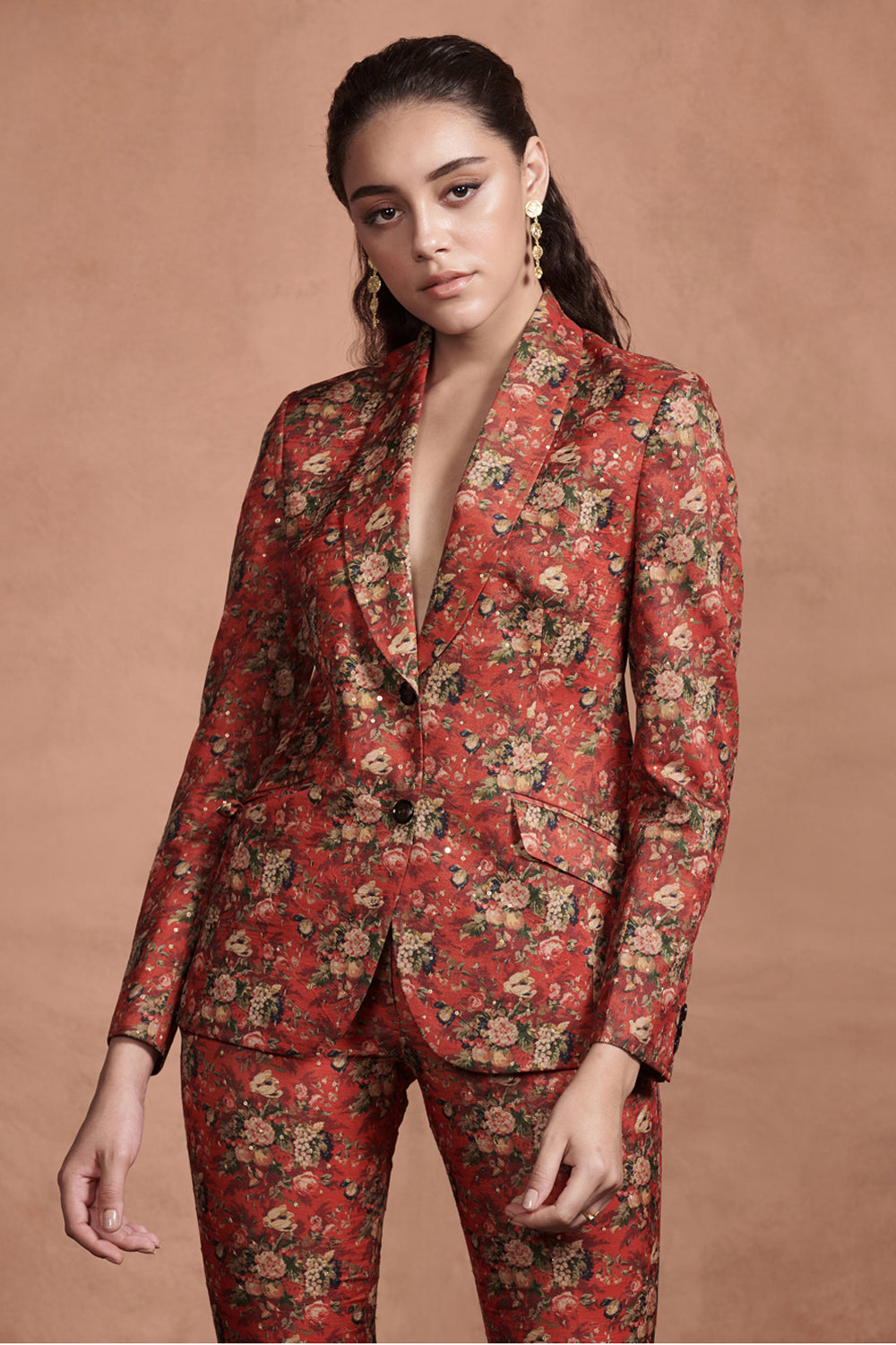 Crimson Red Printed Pant Suit