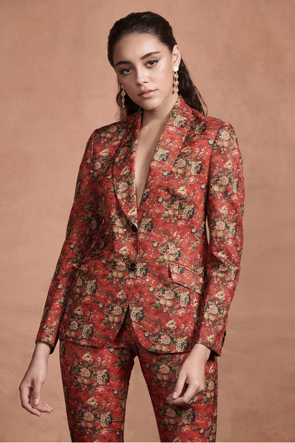 Crimson Red Printed Pant Suit