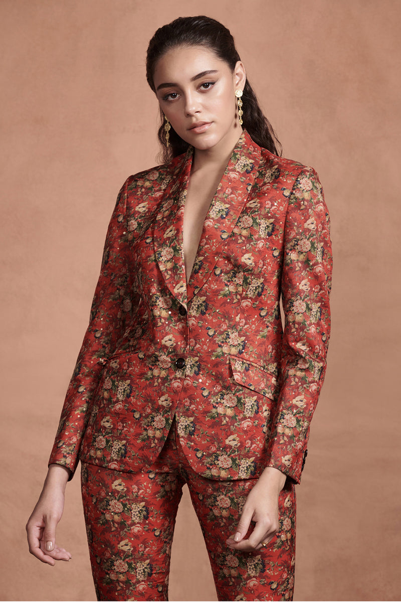 Crimson Red Printed Pant Suit