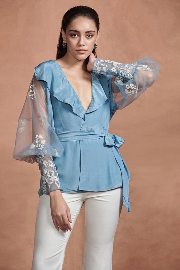 Carolina Blue Embroidery Florals Wrap Top With Belt