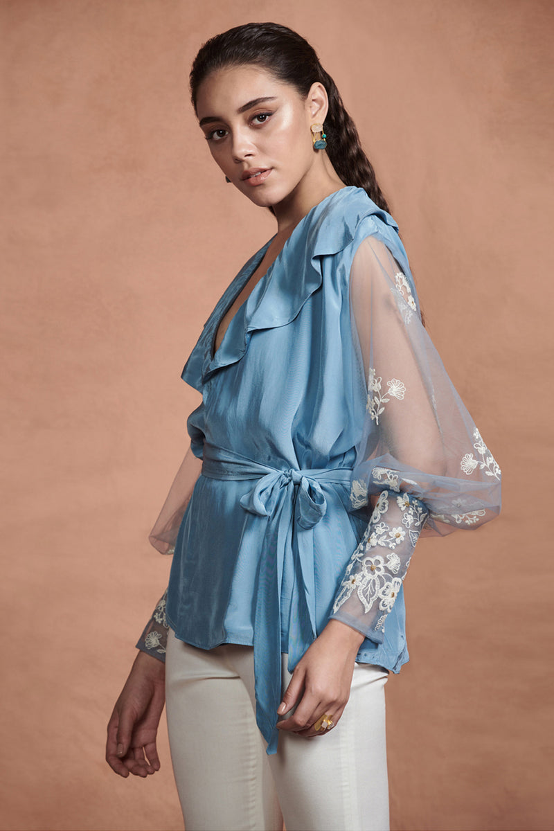 Carolina Blue Embroidery Florals Wrap Top With Belt