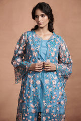 Light Teal Floral Jacket Kurta Set